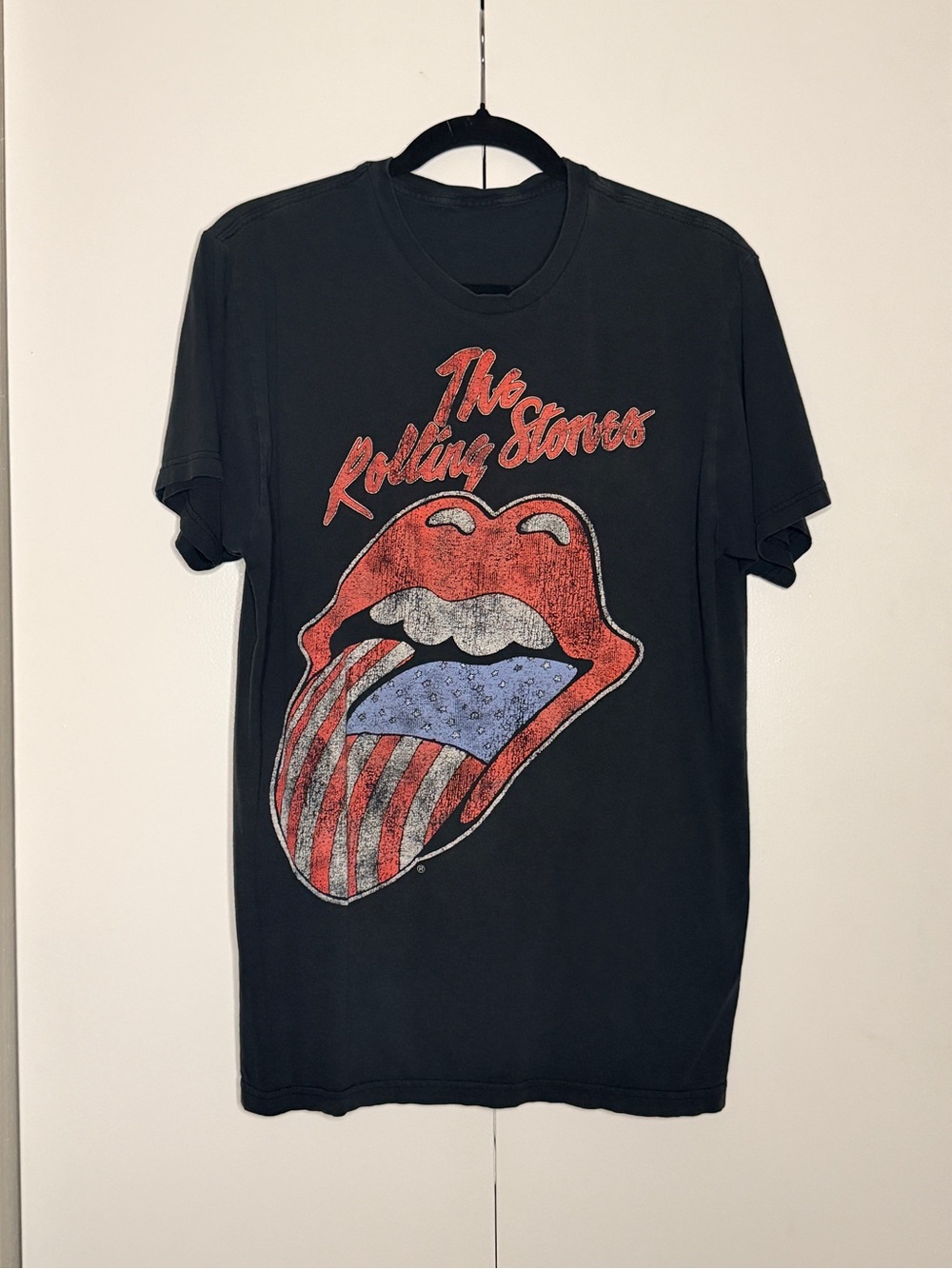 The Rolling Stones Black Tee with Red, Blue and White Tongue Graphic
